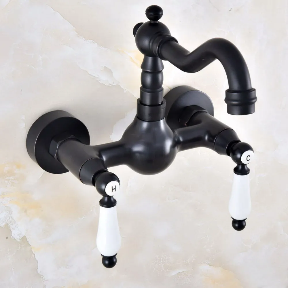 

360 Swivel Oil Rubbed Bronze Bathroom Basin Sink Mix Tap Bathtub Dual Handles Wall Mount Kitchen Basin Sink Mixer Faucet tnf835