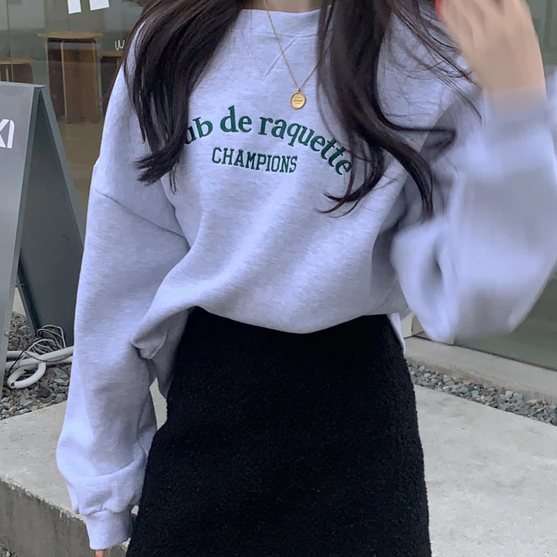 두꺼운 자수 레터 프린트 플리스 후드티 시크 심플 매치 긴팔 라운드넥 스웨트셔츠 여성용 가을 겨울
