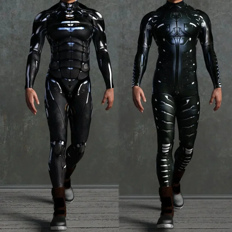 

2025 New Men Women CyberPunk Mechanical Armor Jumpsuit Halloween Party Cosplay Skull Steampunk Costume Elastic Bodysuits Rompers