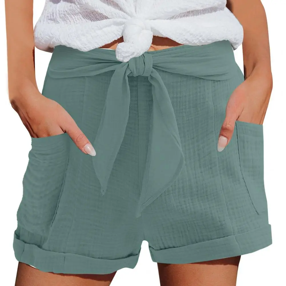 Women Shorts Lace-up Strap Knot High Elastic Waist Shorts A-line Side Pockets Loose Club Party Dating Mini Shorts Sport Pants