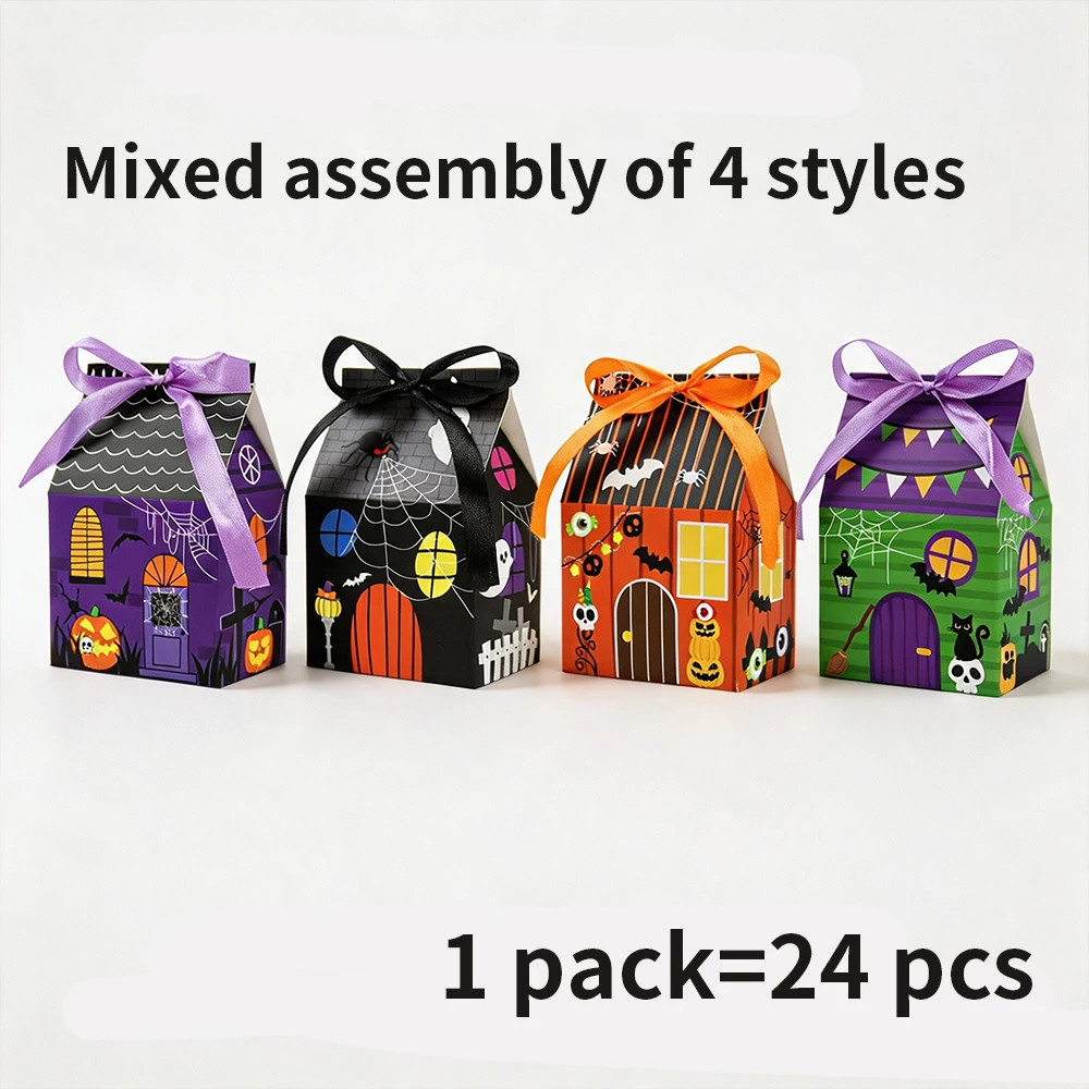 4 mixed packages -24pcs Halloween small house candy gift box, pumpkin bat element ribbon packaging, party companion gift box