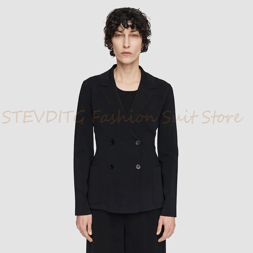 Elegante set da due pezzi da donna nero con doppio petto, giacca con risvolto e pantaloni, set da ufficio, banchetti, affari, abbigliamento femminile