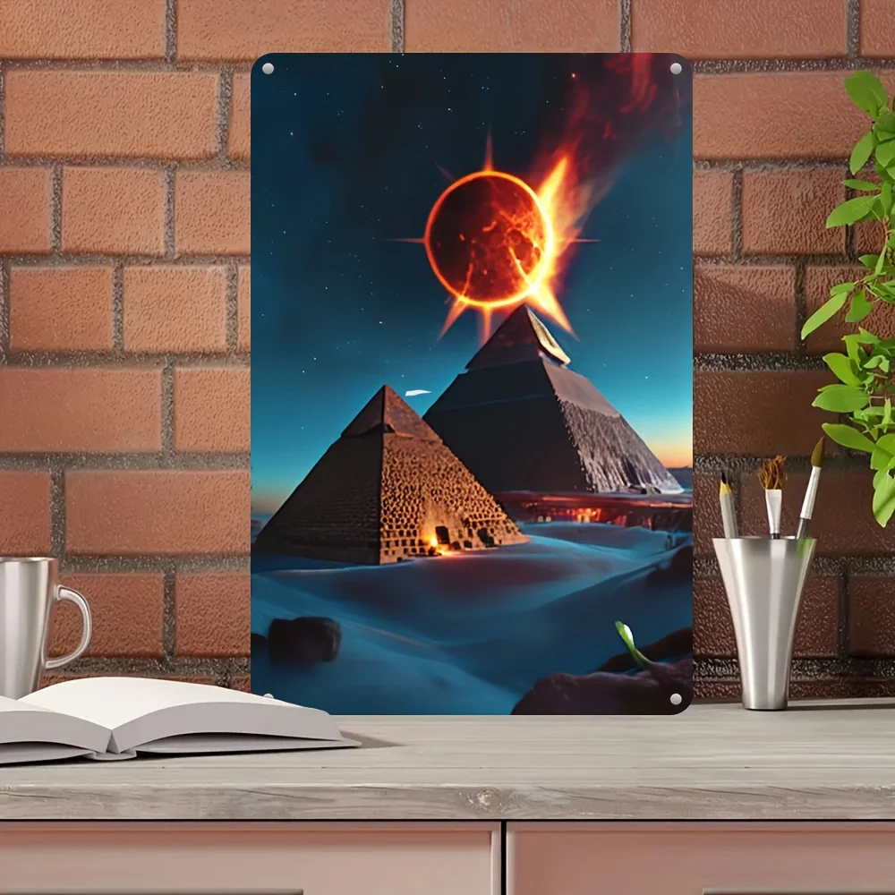 Chic  UV-Printed metal Sign - Egyptian Pyramids Under Solar Eclipse Wall Art with Vibrant Starry Night Sky, Durable Metal Decor