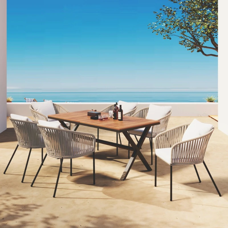 

7 Piece Balcony Patio Dining Set Outdoor Table Metal Frame Garden Furniture Sets Wood Tabletop Backyard Landscaping Furniture