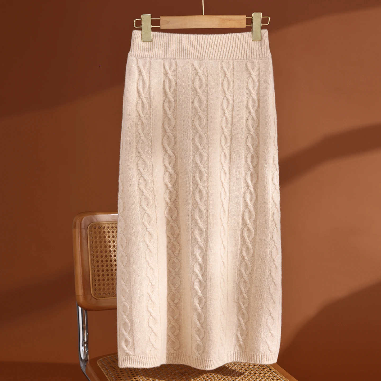 Women 100% Merino Wool O-Neck Pullover Sweater High Waist Slouchy Cable Knit Midi Skirt Vertical Cable Pattern Elastic Waist