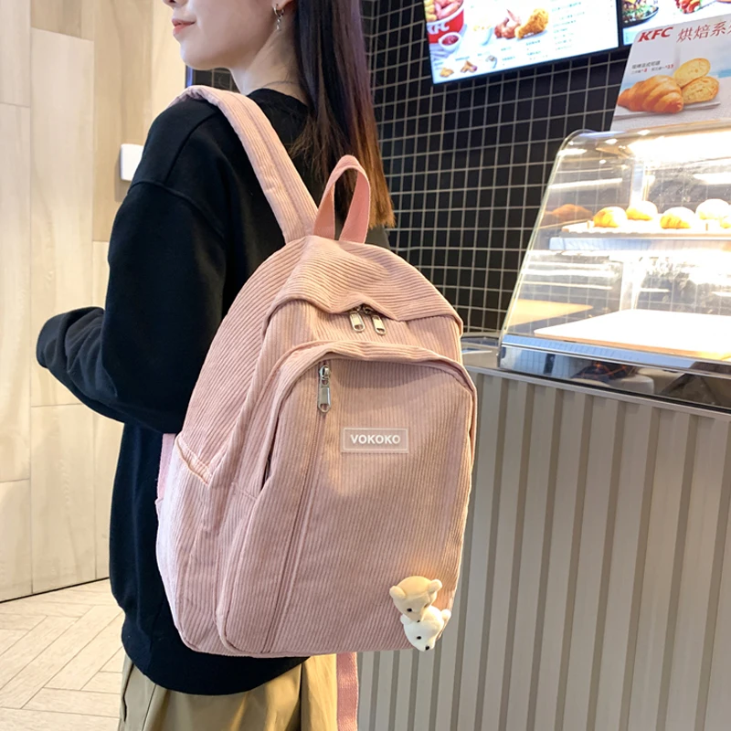 Stripe Cute Corduroy Woman Backpack Schoolbag For Teenage Girls Boys Luxury Harajuku Female Fashion Bag Student Lady Book Pack