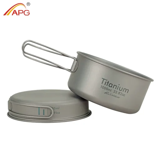 APG-sartén de titanio ultraligera para acampar al aire libre, juego de cuencos de titanio, utensilios de cocina con mango plegable