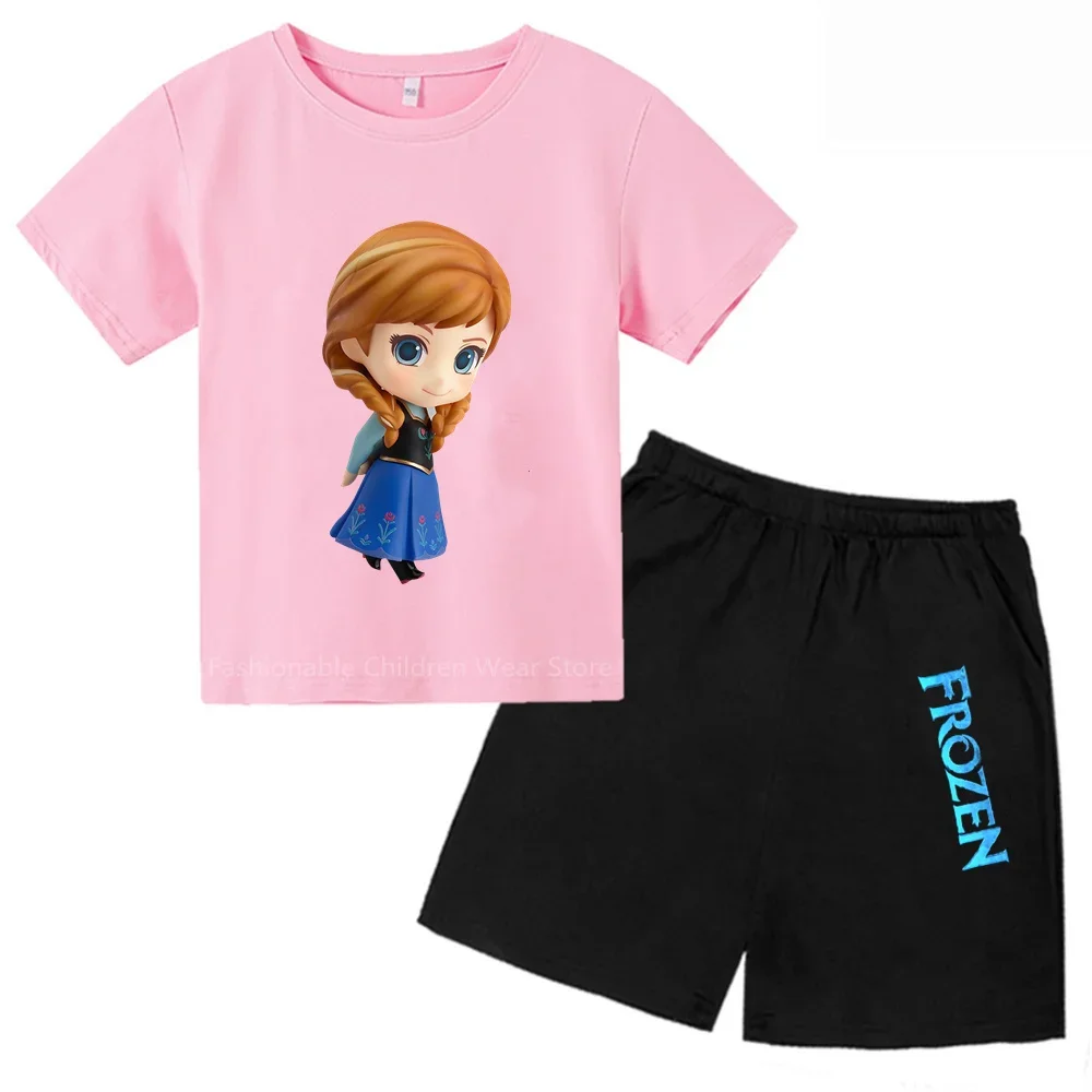 Chic Kids Summer Outfit: Frozen-Inspired Cotton Tee And Shorts | 2024 New Casual Wear For Student Outdoor Activities