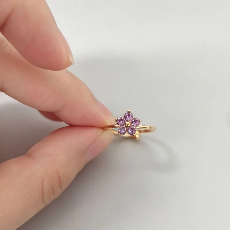 Luxury Sweet Stainless Steel Floral Purple Zircon Open Ring Adjustable Stackable Multicolor Flower Ring for Women Dating Jewelry