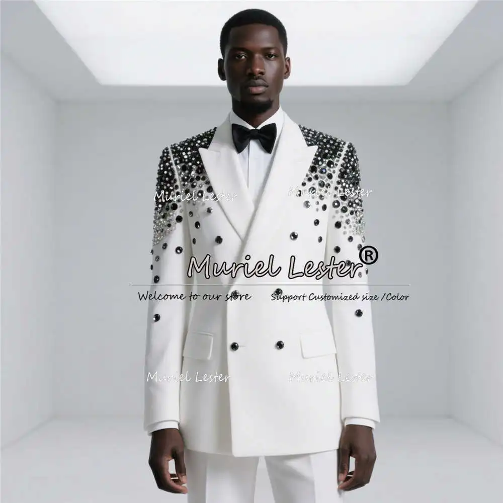 

Мужские костюмы с блестящими камнями и бисером на свадьбу, индивидуальные мужские пиджаки из 2 предметов для банкета и вечеринки, смокинги для жениха, traje de hombre 2025