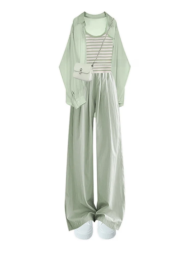 Fashionable Summer Outfit Women's Thin Sun Protection Shirt Stripe Vest with Green Sports Casual Pants Three-piece Set view 4
