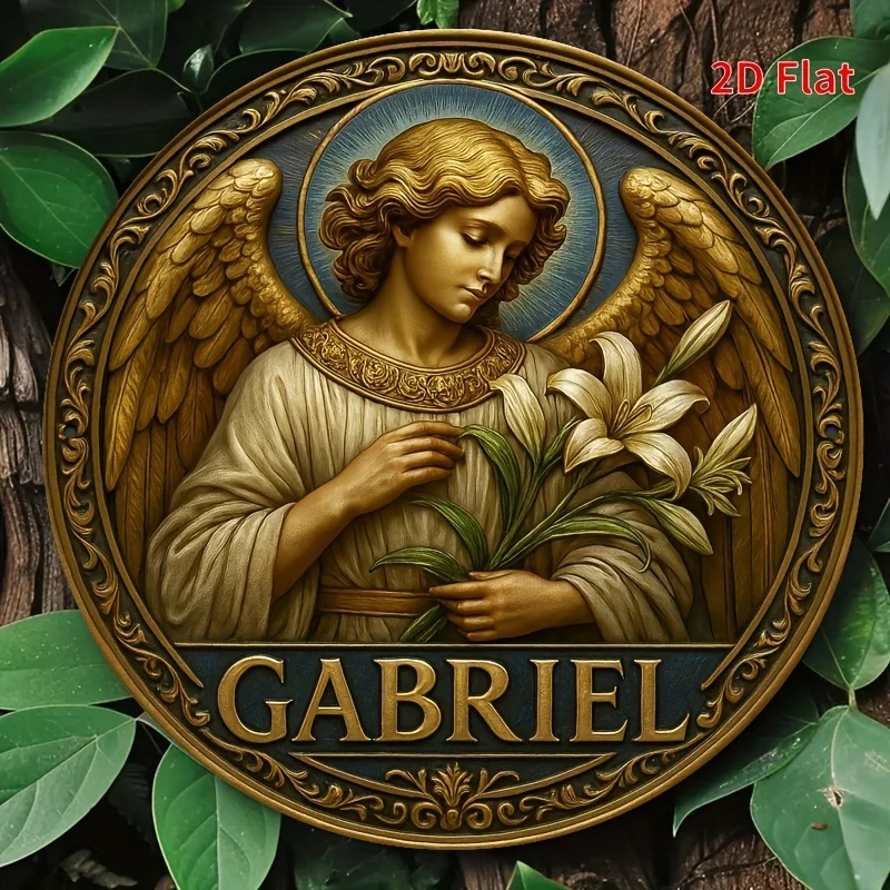 Panneau mural en bois 2D plat vintage, Ange Gardien Gabriel, style rétro, avec fleur de lys en métal, art religieux chrétien catholique, pour la maison