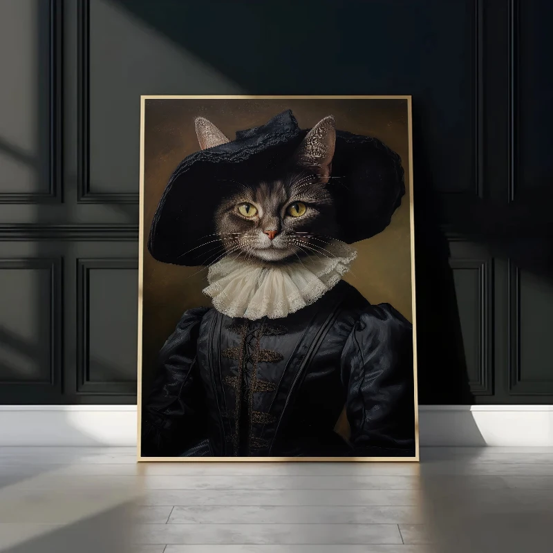 Vintage Renaissance Cat Portrait Black Cat Victorian Gothic Poster Canvas Painting Wall Art for Living Room Home Decor Frameless