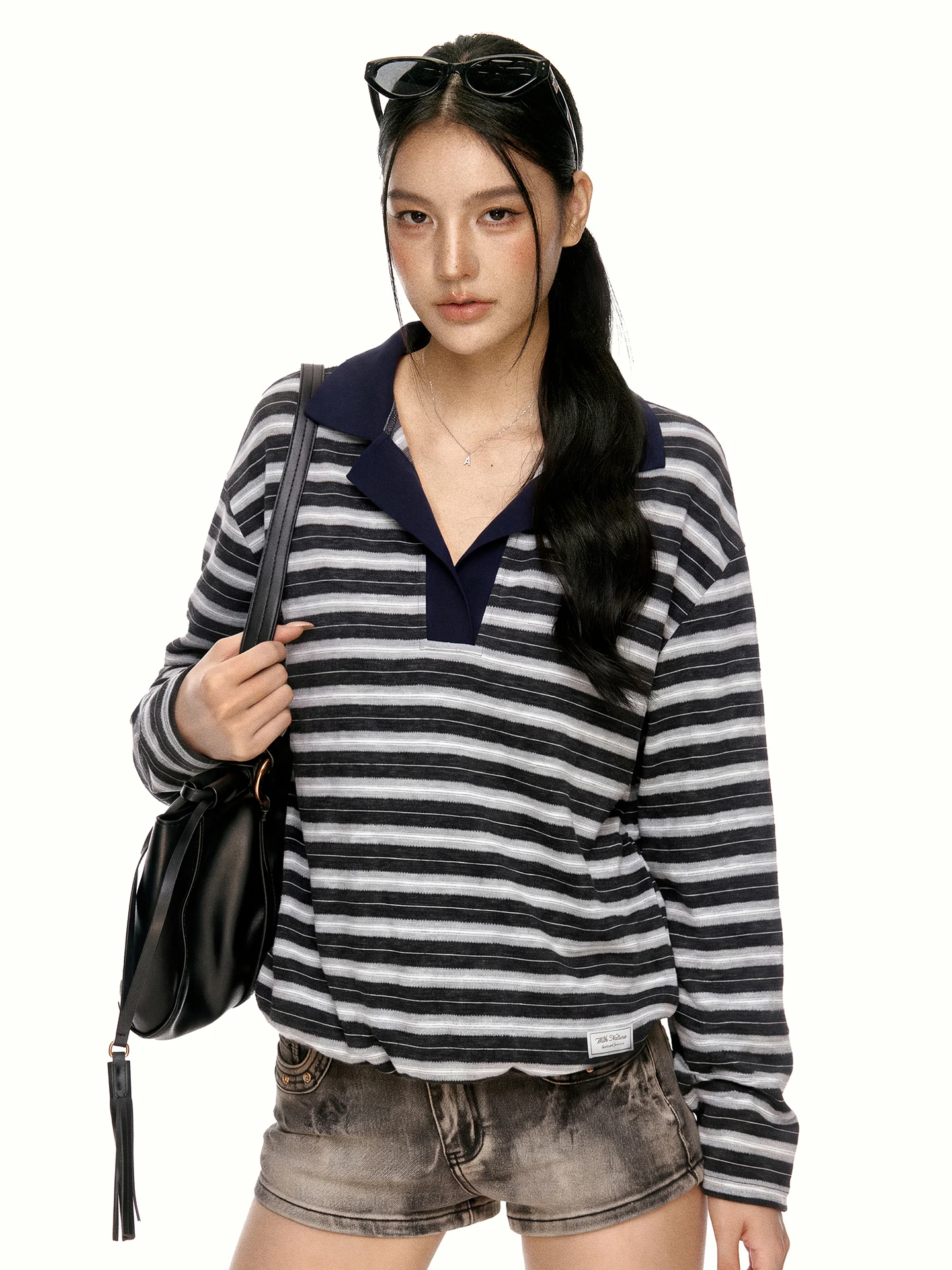 High-Thread Count Brushed Cotton Knitted  Collar T-Shirt Women's Initial Autumn Design Color Block Striped Loose Top