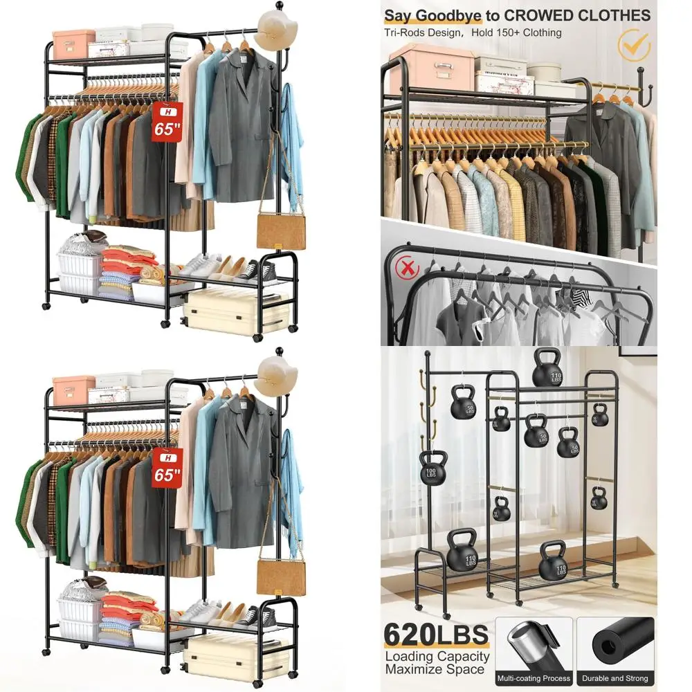 

10-in-1 Clothes Rack, Multi-Function Garment Rack with 3 Tier Shelves, 3 Hanging Rod, 4 Handy Hook, Heavy Duty Clothing Rack Up