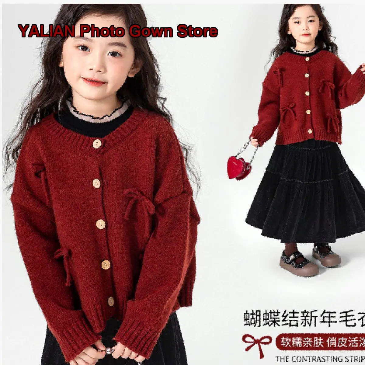 Girls New Year Red Lazy Style Knit Bow Tie Winter Jacket for Children Kids