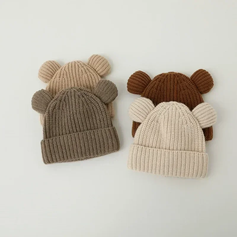 Sweet Warm Bear Beanie for Toddler Boy Girl Beige Coffee Color Cartoon Bear Ear Crochet Bonnet Autumn Warm Winter Knitted Hat