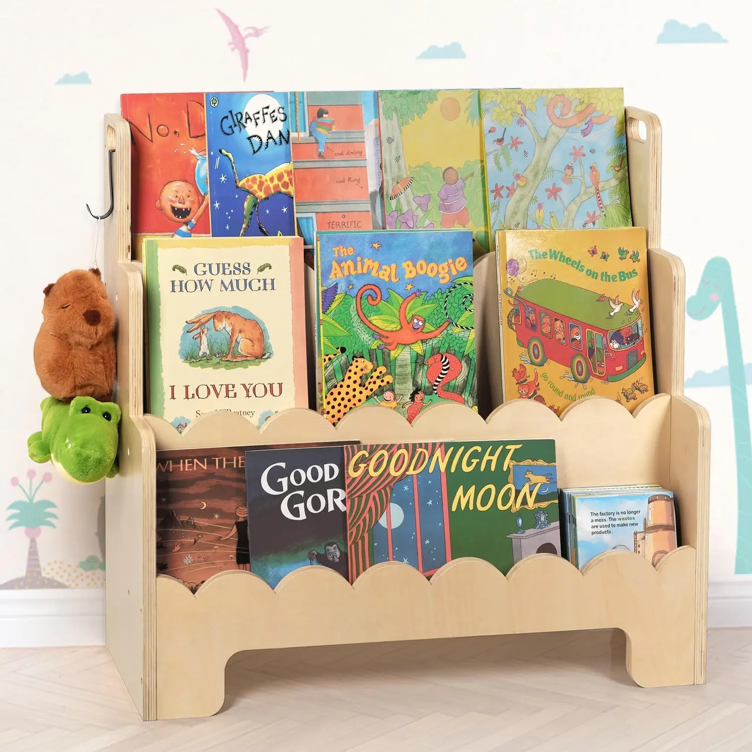 Bibliothèque en bois à 3 niveaux, étagère à livres festonnée pour chambres d'enfants, bibliothèque Montessori pour tout-petits face à l'avant, étagère à livres pour bébé