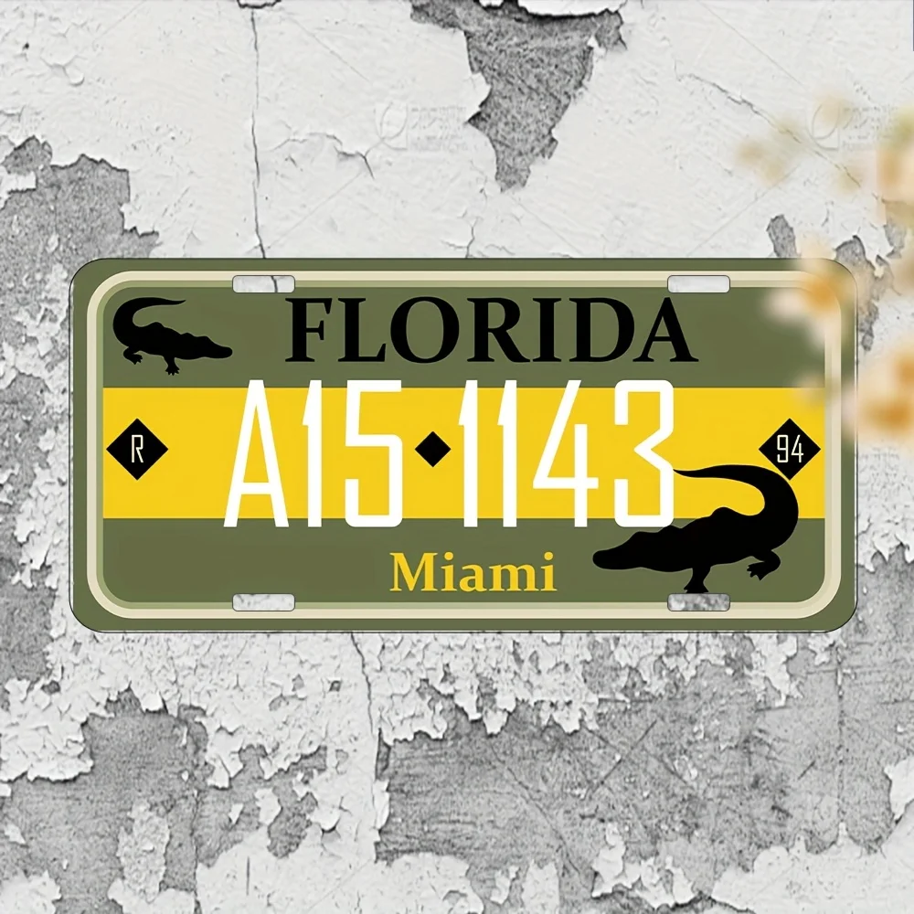 Retro Aluminum Metal Plaque - Waterproof Wall Art with  Florida License Plate Design (A1514 MIAMI), Alligator & Cherry Blossom