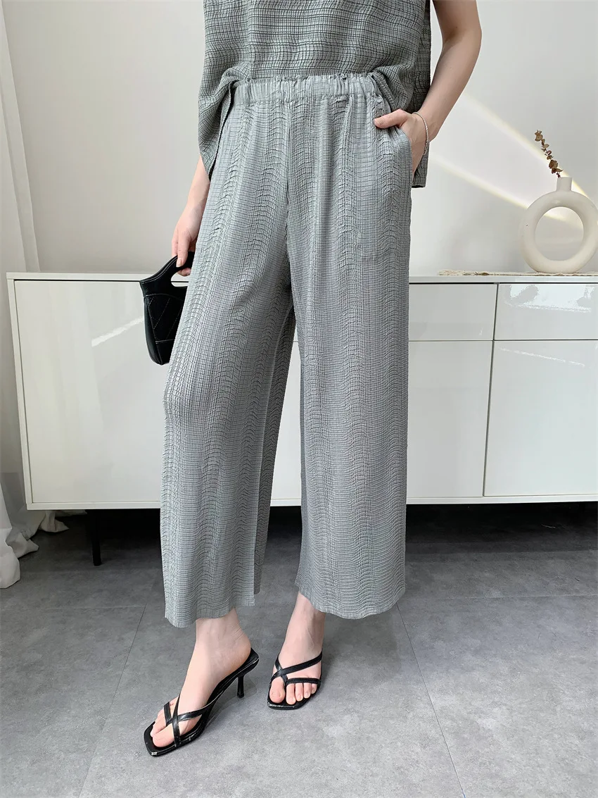 Miyake Pleated Women's Casual Solid Color Loose Large Size Elastic Waist Wide Leg Straight Pants