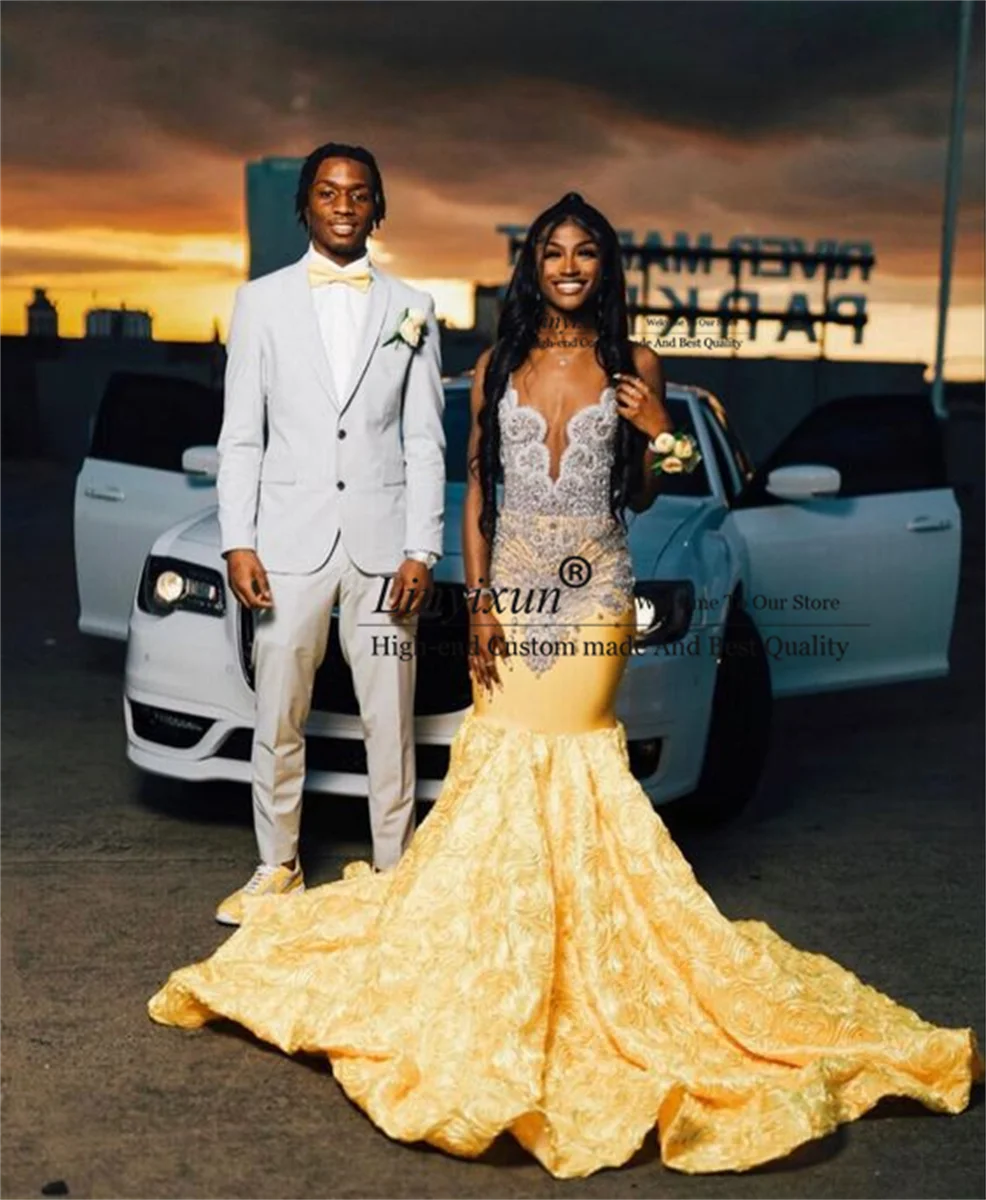 Sexy Rose Long Prom Dresses For Black Girls Customized Luxury Crystal Beaded African Birthday Queen Gown vestidos de noche