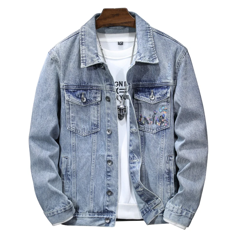 2024 Autumn New Trendy Street Cowboy Jacket Men's Retro Washed Fashion Cartoon Printed Casual Loose Denim Coat