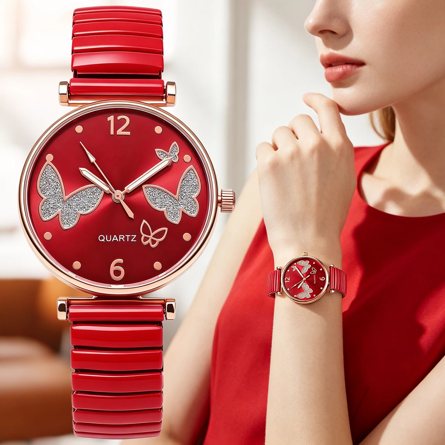 Women Butterfly Quartz Wristwatch Rose Gold Case Elastic Metal Band Elegant Ladies Fashion Watch