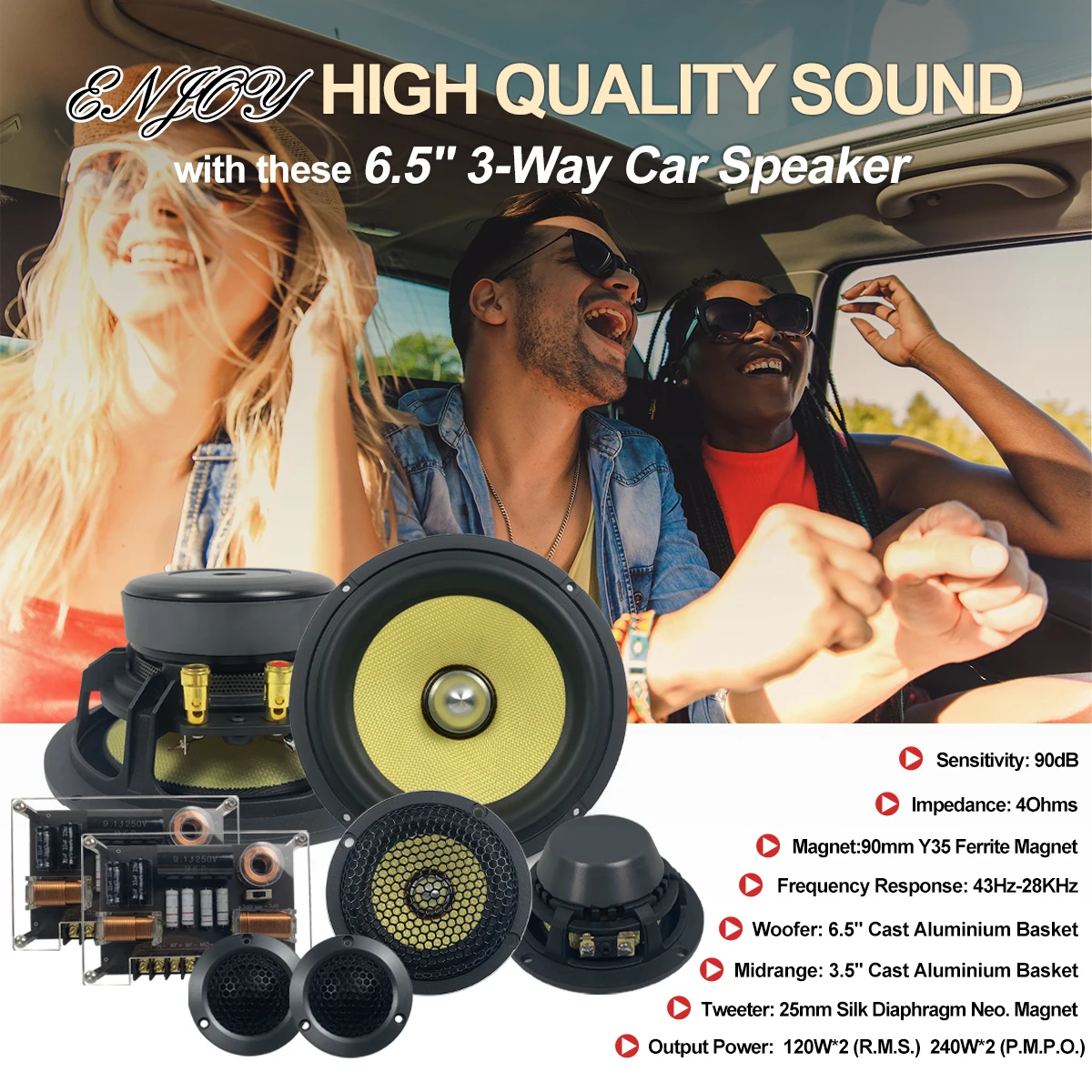 3-way Nominal Power 120W*2 Car Component Audio Speaker sets Include 2*Midrange & 2*Tweeter & 2*woofer Speakers & 2*crossovers