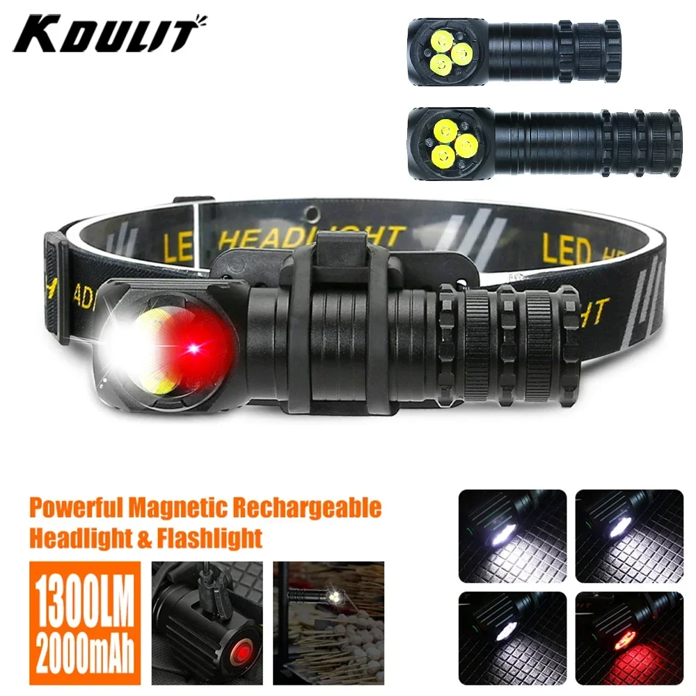 

KDULIT 1300LM Super Bright 3 LED Headlamp Flashlight with Magnet Tail USB C Rechargeable Headlight Led Head Torch Camping Light