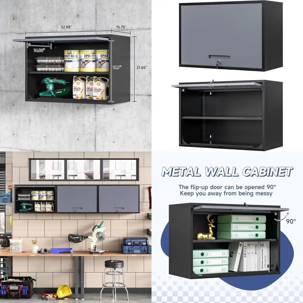 

Secure Wall-Mounted Cabinet with Flip-Up Door and Shelf for Garage, Warehouse, or Office (Black/Grey, Single Unit)