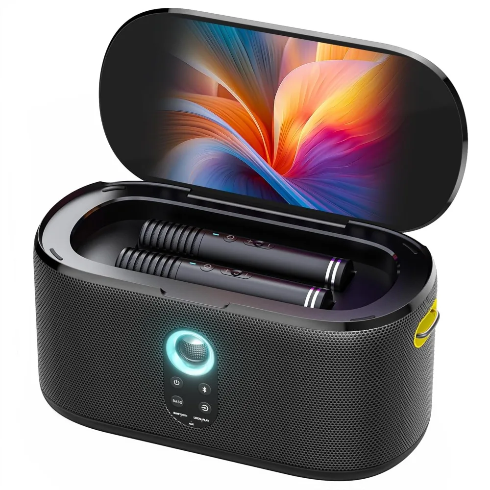 

Karaoke Machine with Lyrics Display Screen, KaraFun Prime, EQ, Autotune, Connect to TV, 2 Self-Charging Wireless Microphones