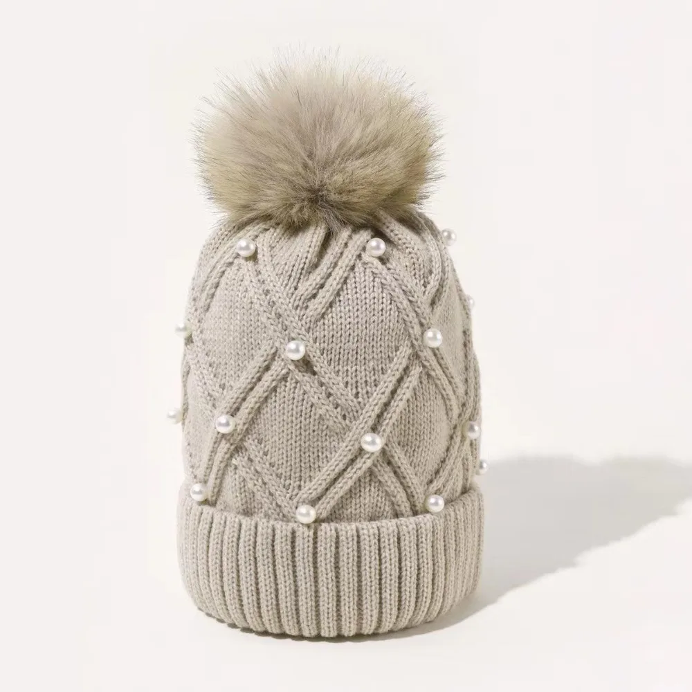 Cute with Diamond Knitted Hat Folded Edge Large Woolen Ball Women's Hat Solid Color Thick Flannel Warm Cold Hat Summer