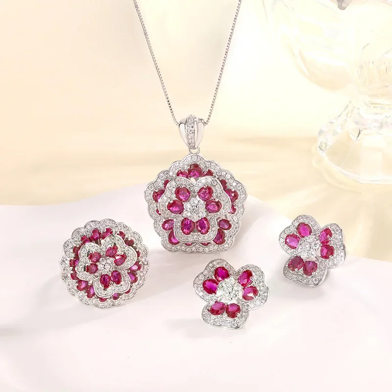 New jewelry S925 silver plated 18K gold inlaid with roses, light luxury suit for women, artificially cultivated gemstones