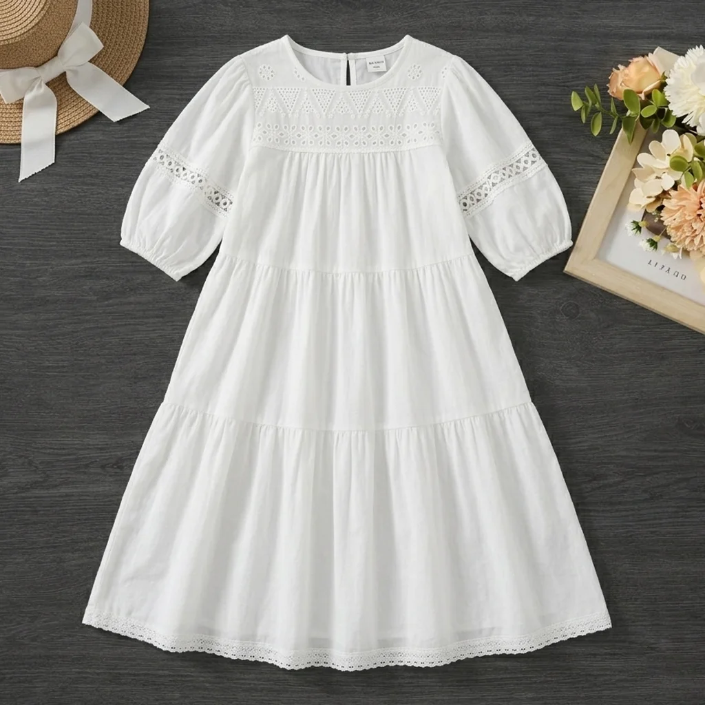 Kids White Dresses For Girls Boho Casual Puff Sleeve Hollow Lace Embroidery Tiered Maxi Dress Kids Clothes Loose Fit 6-12 Years