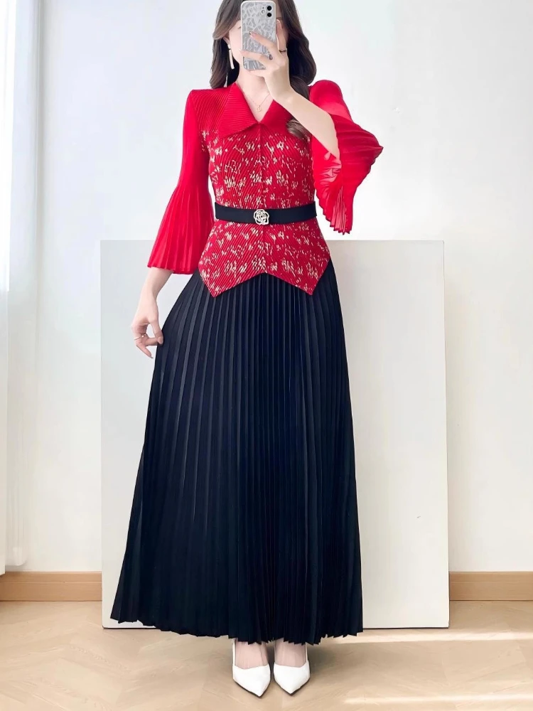 

EGRM 2026 Новые плиссированные комплекты Miyake с лацканами и длинной юбкой трапециевидной формы, комплект из 2 предметов, элегантная женская одежда 7R8912