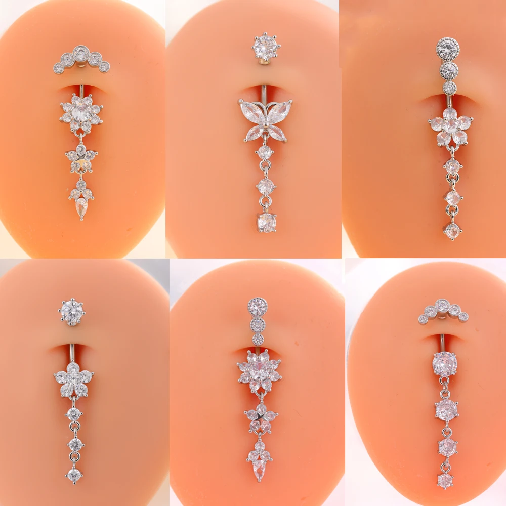 1pc Long Dangled Belly Button Ring Stainless Steel Flower Butterfly Crystal Curved Navel Belly Piercing Rings for Women Jewelry