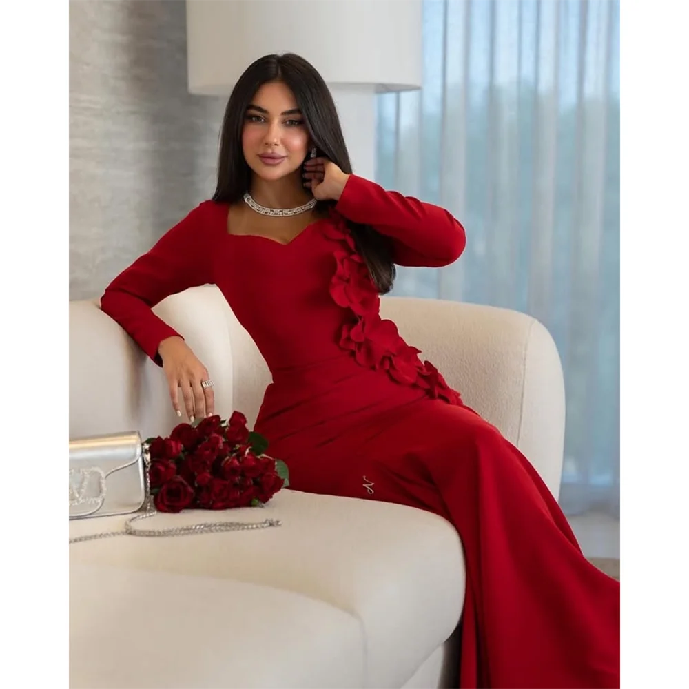 

Вечернее платье русалки по индивидуальному заказу, милое красное вечернее платье с длинными рукавами для женщин, 2021, плиссированные длинные платья для выпускного вечера с цветком