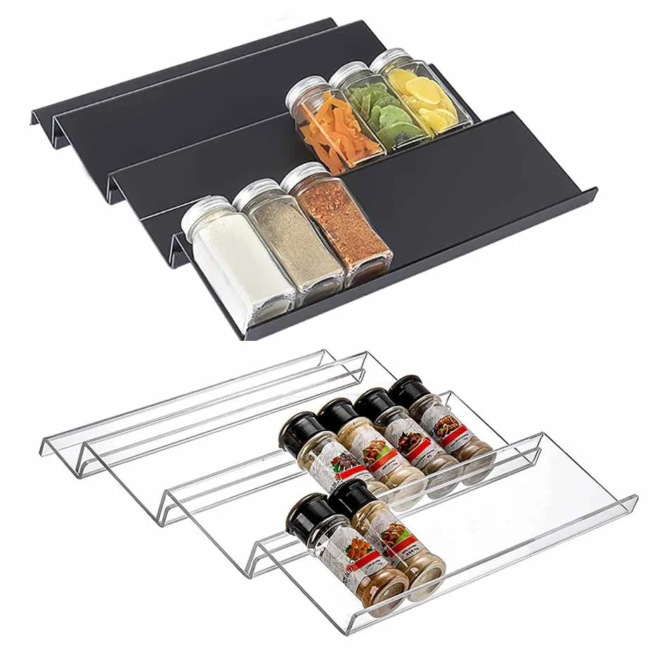 Tiered Spice Rack Tray Acrylic Drawer Seasoning Bottle Organizer for Countertop Cabinet Pantry Kitchen Storage Shelves