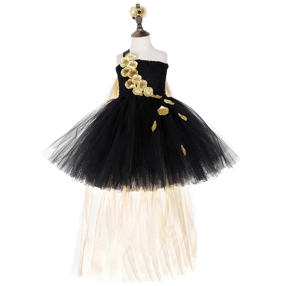 Black Gold Flower Petals Tutu Dress Tulle Girls Evening Pageant Wedding Dress Children Gown for Girls Kids Birthday Party Dress