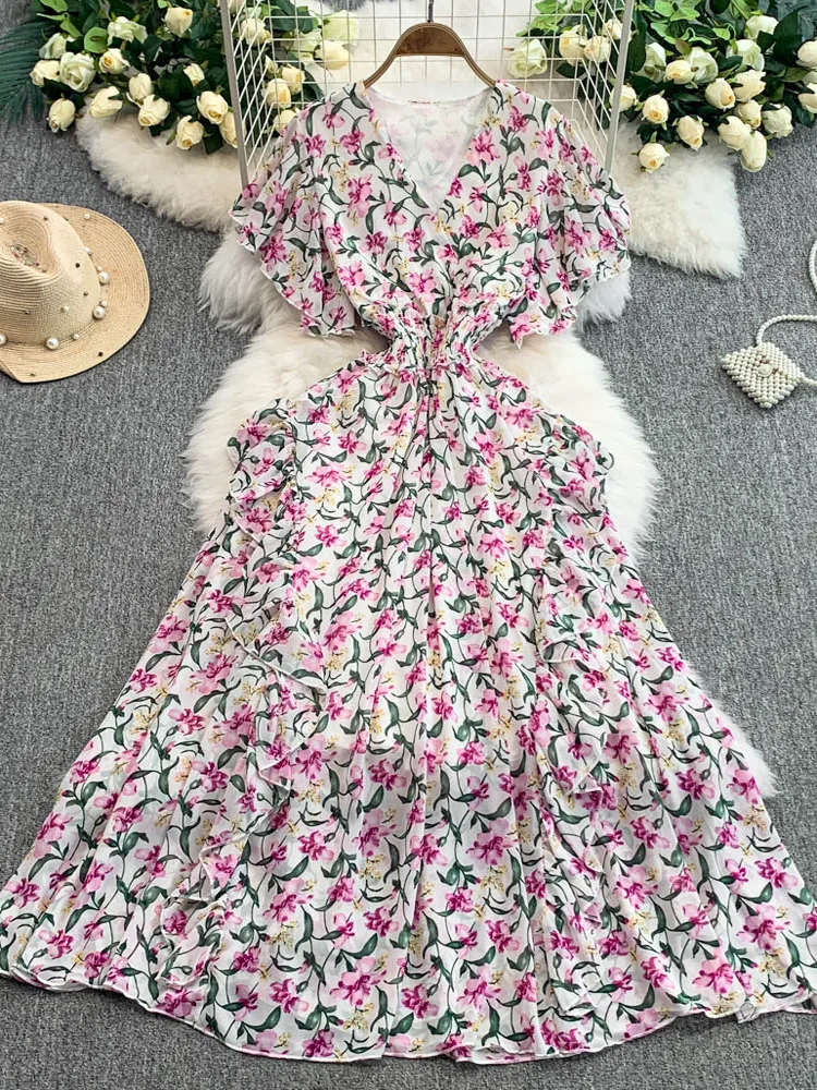 ビーチバケーションロングVネック細見えウエストスカート レディース 夏 2025 新作 セクシー 花柄プリント シフォンAラインスカート