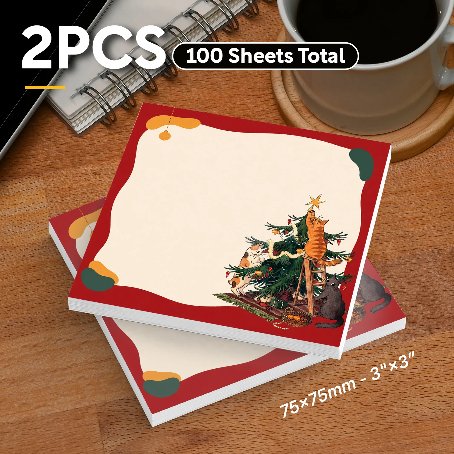 2PCS Christmas Cat Self Adhesive Sticky Notes 100 Sheets Cute Cats Christmas Tree Holiday Memo Pads Funny Kitty Office Stationer