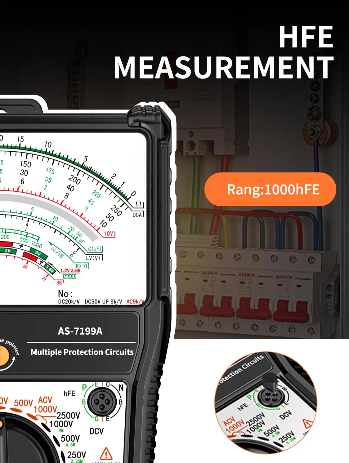 Multímetro Analógico AS-7199A, 11 Funções, 24 Alcance, AC/DC Volt 2500V, Corrente DC 10A, Rx 100K