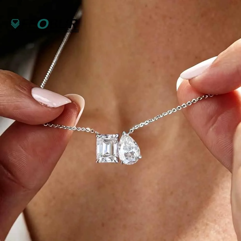 5cttw Two Stone Moissanite Necklace Real 925 Silver Pear/Emerald Cut Diamond Pendant NeckChain for Women Certified Jewelry Gift