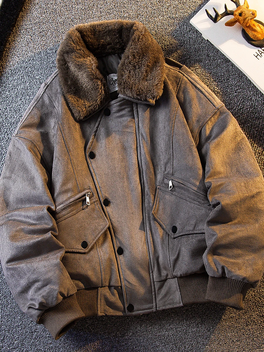 

Мужская ретро-куртка CP из хлопка с замшевым велюром, теплая, для охоты, с меховым воротником, свободного кроя, в городском стиле