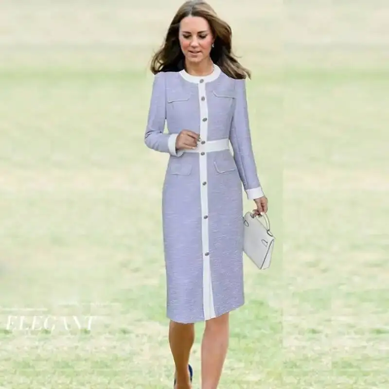 Princess Kate Colorblock Dress Button Design Long Sleeve O-Neck Sheath Dresses