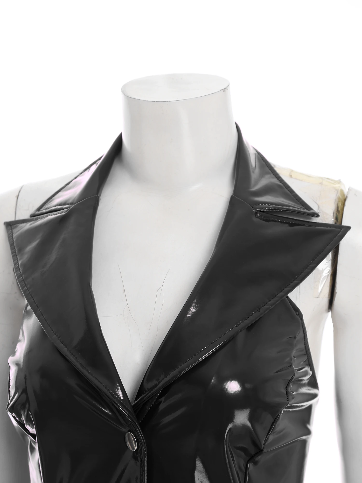 ผู้หญิง PU หนังสีดํา SLIM FIT Deep V คอสะโพกกอดชุดมินิแฟชั่นเงาปาร์ตี้คลับบาร์ดูชุด