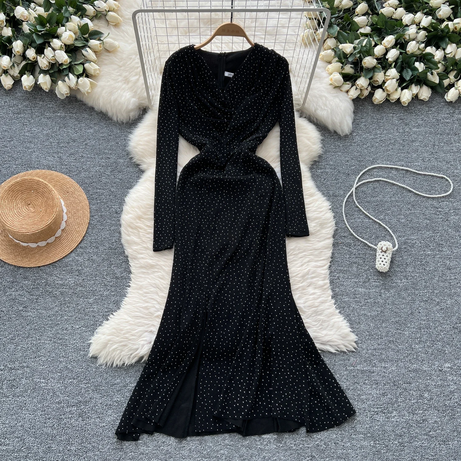 Elegant Swinging Collar Vintage Long Sleeve Chic Rhinestone Slim Split Mermaid Dress French Evening High Street Autumn Clothing