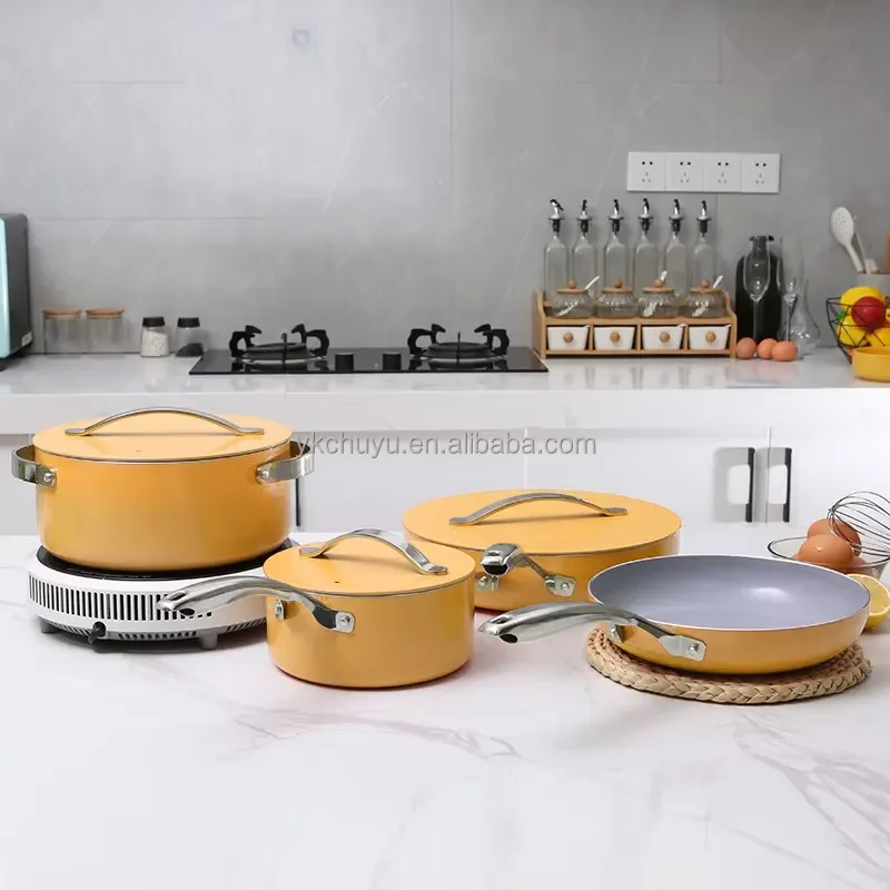 Non Stick Cookware Sets Low Moq Aluminum Induction Ceramic Yellow Kitchen Utensils Cookware Set