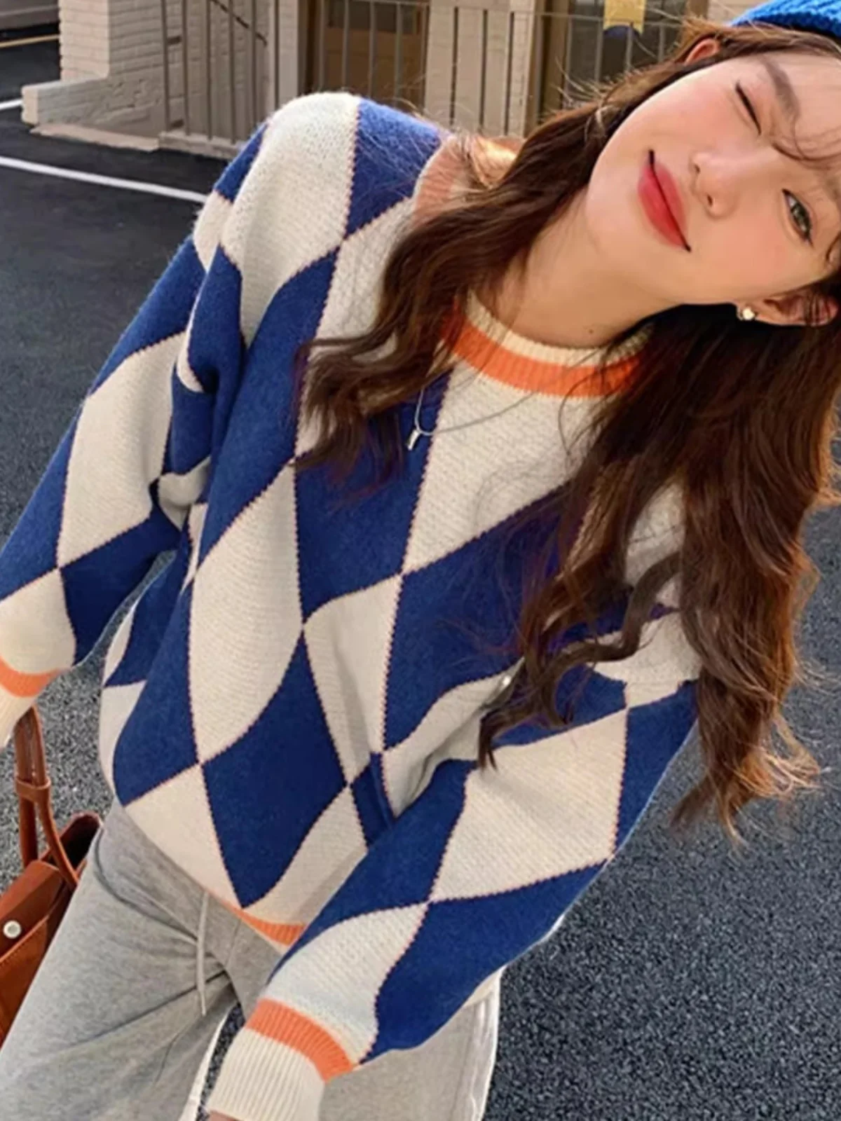 

Korean Chic Vintage Loose Women's round Ne Sweater Color Blo Diamond Pattern Lazy Overhead Top Faionable Casual Knitwear