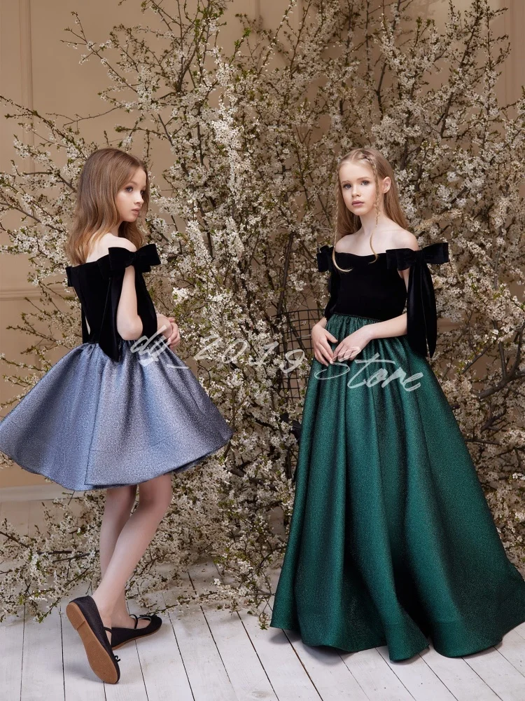 Luxury Velvet Flower Girl Dress Off The Shoulder Oversized Shoulder Bows Available in Long & Short Length for Pageant & Birthday